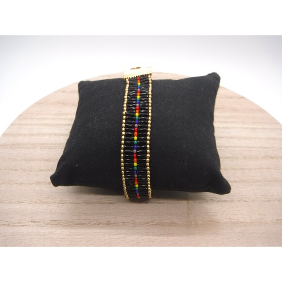 Loom Beaded Bracelet Black, Rainbow & Gold - Picture 2 of 5